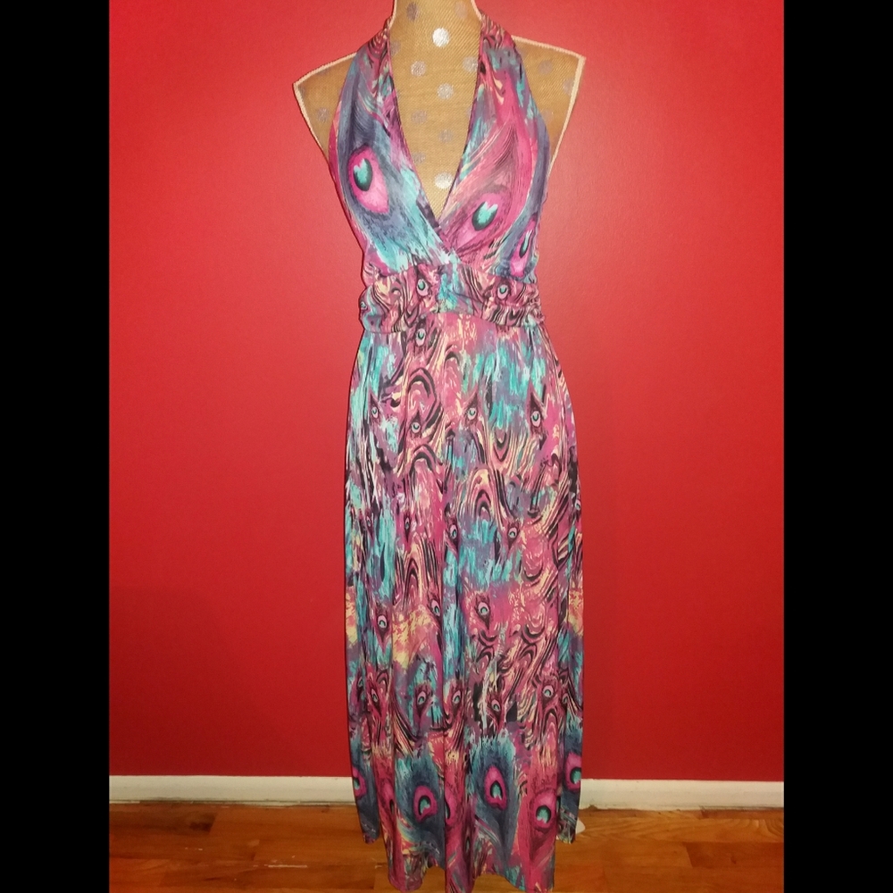NWOT Feather Print Halter Maxi Dress - Picture 1 of 6